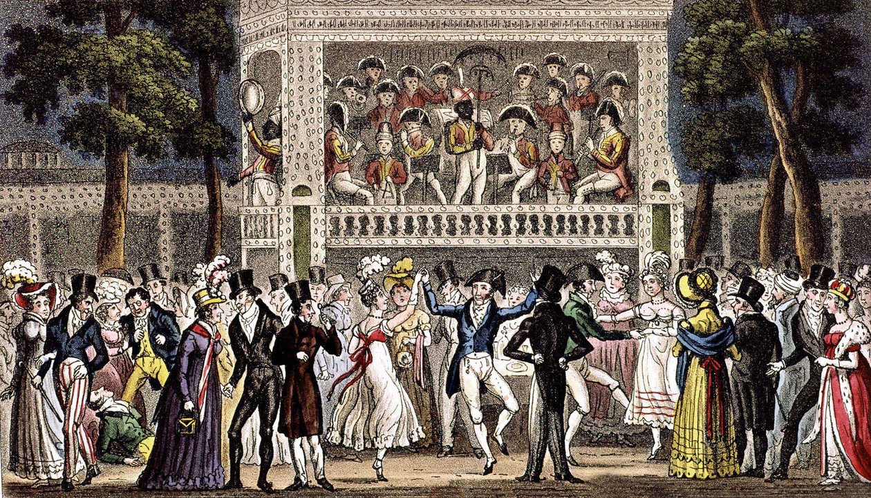 En bal på Vauxhall Garden i London ca. 1830, gravyr av Isaac Robert & George (1792 1878) Cruikshank