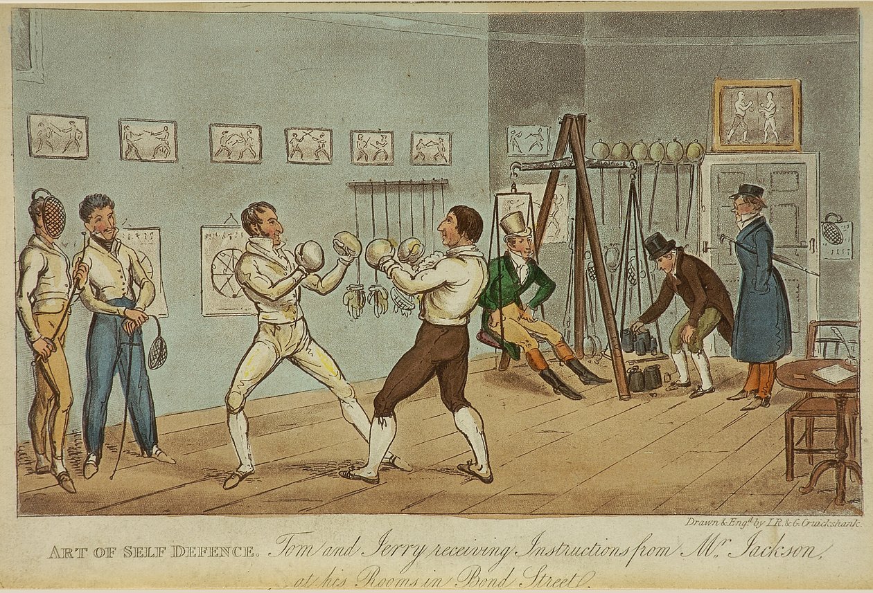 Självförsvarskonst (färg litho) av Isaac Robert and George Cruikshank
