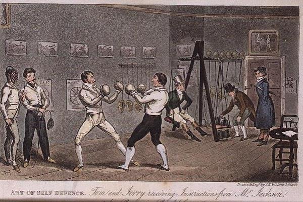 Art of Self Defence: Tom och Jerry får instruktioner från Mr Jackson, från "Life in London" av Pierce Egan av Isaac Robert and George Cruikshank