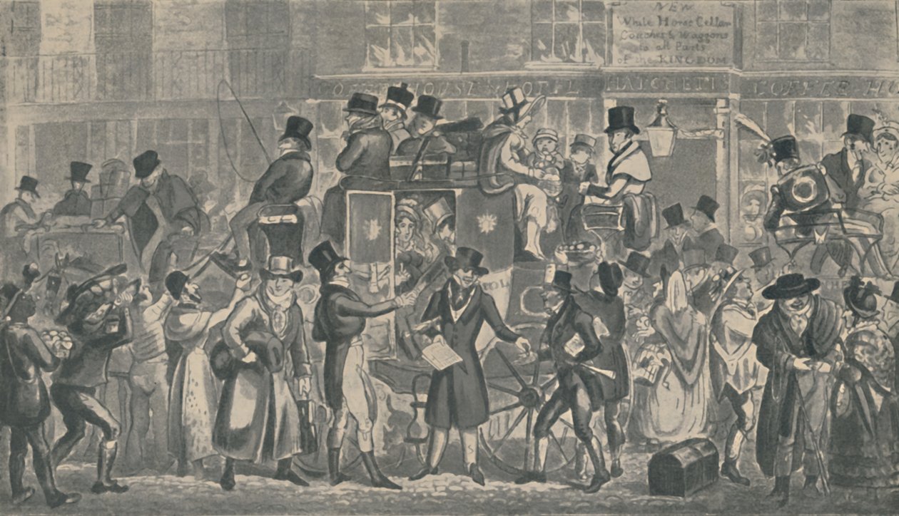 Utanför White Horse Cellar, Piccadilly, 1821, 1920. Konstnärer: Isaac Robert Cruikshank, George Cruikshank. av Isaac, Robert and George Cruikshank