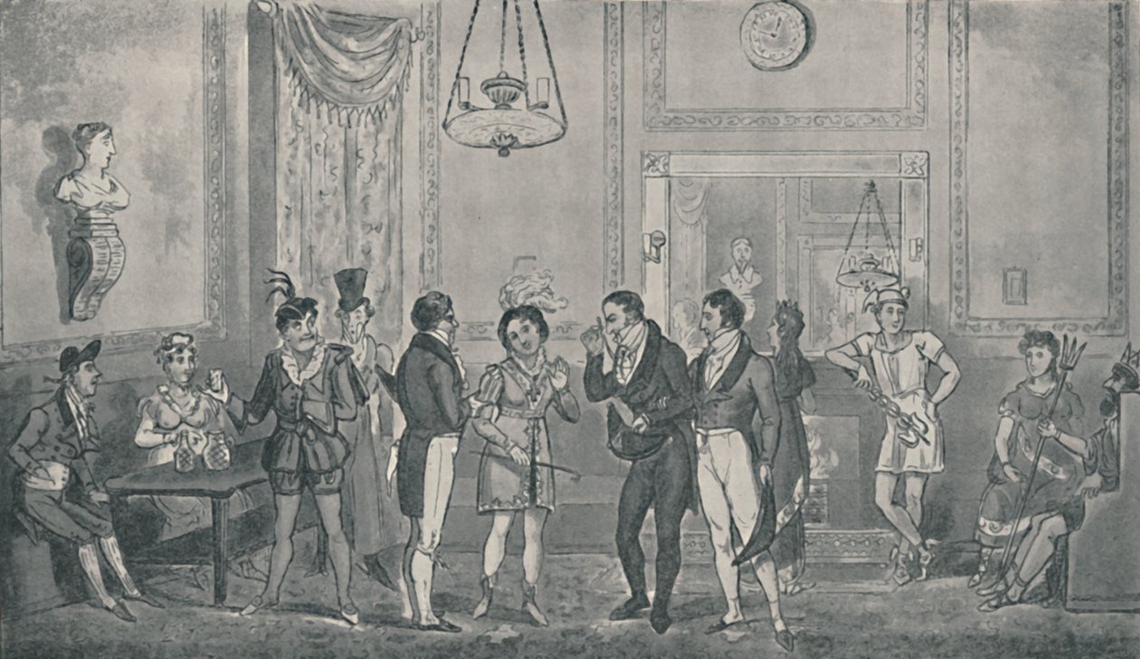 The Green Room på Drury Lane Theatre, 1821, 1920. Konstnärer: Isaac Robert Cruikshank, George Cruikshank. av Isaac, Robert and George Cruikshank