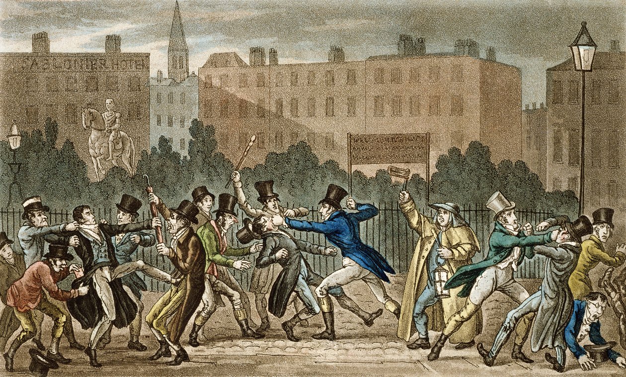 Tom, Jerry och Logic Involved in a Night Fight, från "Life in London" av Pierce Egan (1772-1849), 1821-22 (färgad akvatint) av Isaac, Robert and George Cruikshank