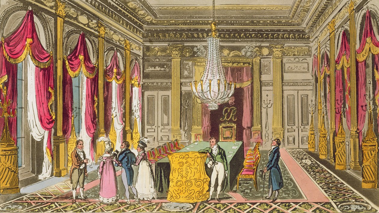 Tom, Jerry och Logic på besök i Carlton House, från "Life in London" av Pierce Egan, 1821-22 (färgad akvatint) av Isaac, Robert and George Cruikshank