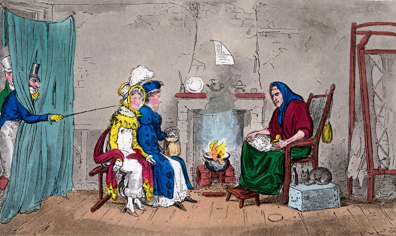 Tom och Jerry, fångar Kate och Sue i farten, med sina förmögenheter berättade, 1800-talet. av Isaac, Robert and George Cruikshank