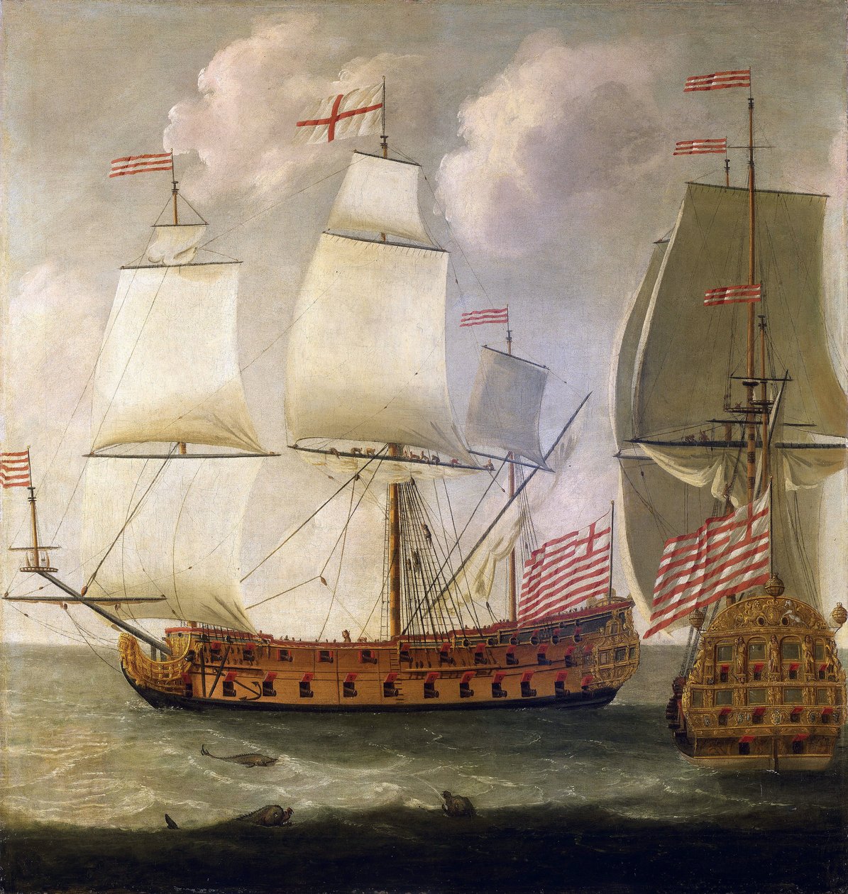 Dubbel beskrivning av ett beväpnat fartyg "Indiaman", från tiden för kung William III (William III) av England (1650-1702), från Ostindiska kompaniet av Isaac Sailmaker
