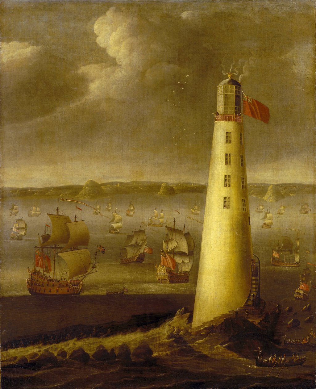 Eddystone-fyren utanför Devons kust (England). Olja på duk, ca 1708, av Isaac Sailmaker (1633-1721). av Isaac Sailmaker