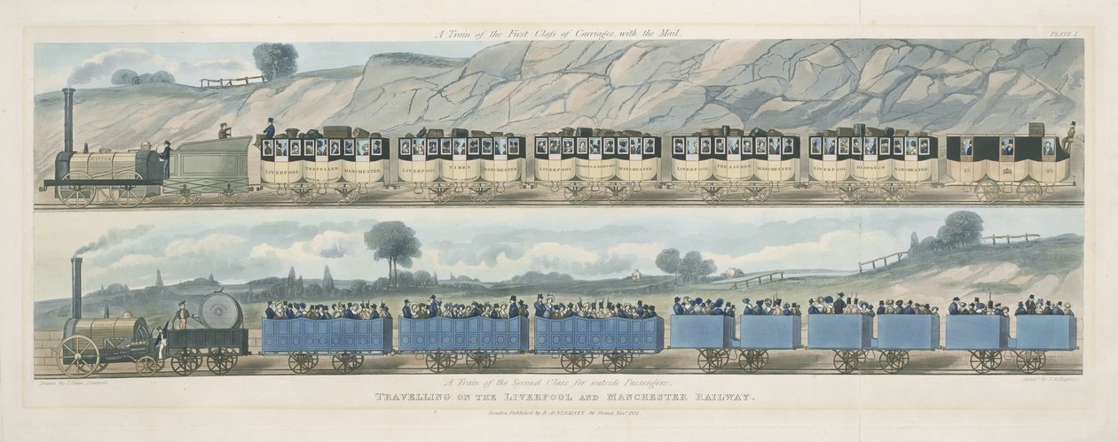 Att resa på Liverpool och Manchester Railway: Ett tåg av första klassens vagnar med posten och ett tåg av andra klassen för passagerare utanför, graverade av S.G. Hughes, 1831 (aquati) av Isaac Shaw