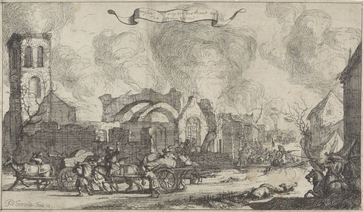 Franska trupper marscherar plundrande och skjutande genom ruinerna av byn Nigtevecht, 1672 Serie med tretton bilder av byar och slott i provinsen Utrecht som förstördes av fransmännen 1672 (serietitel) av Isaac Sorious