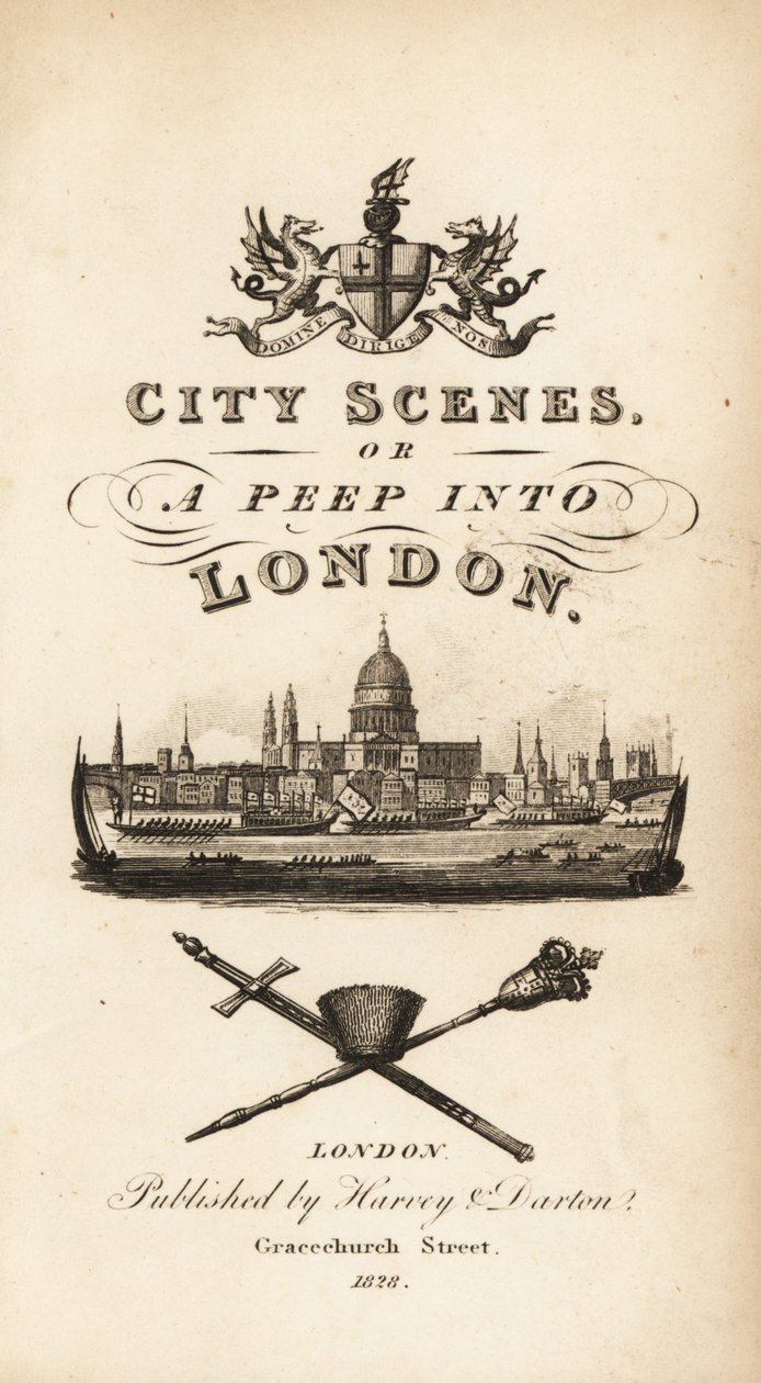 Kalligrafisk titelsida med vinjett av staden London med Saint Paul