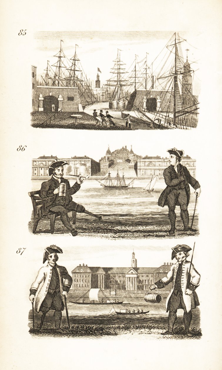 London Docks, Greenwich Hospital och Chelsea Hospital av Isaac Taylor