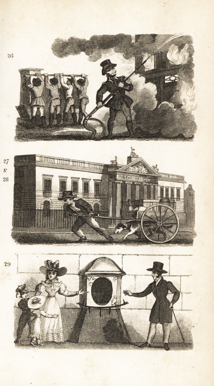Brandbilen, ritning av varor på en lastbil, East India House och London Stone av Isaac Taylor