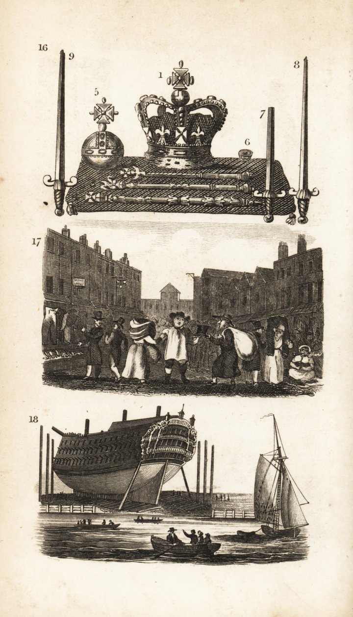 Jewel Office i Tower of London, Rag Fair och Old Clothes and Ship Building av Isaac Taylor