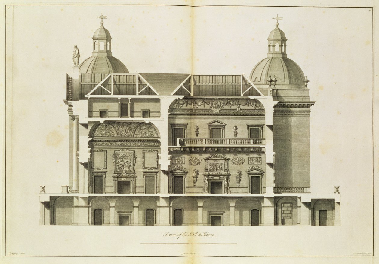 Houghton Hall: tvärsnitt av Hall och Salon, graverad av Pierre Fourdrinier, 1735 (se även 64903 och 64904) av Isaac Ware