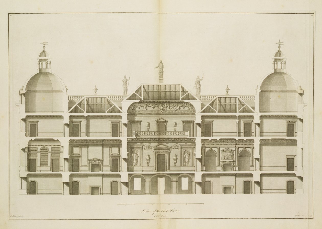 Houghton Hall: sektion av östfronten, graverad av Pierre Fourdrinier, 1735 (se även 64902 och 64904) av Isaac Ware