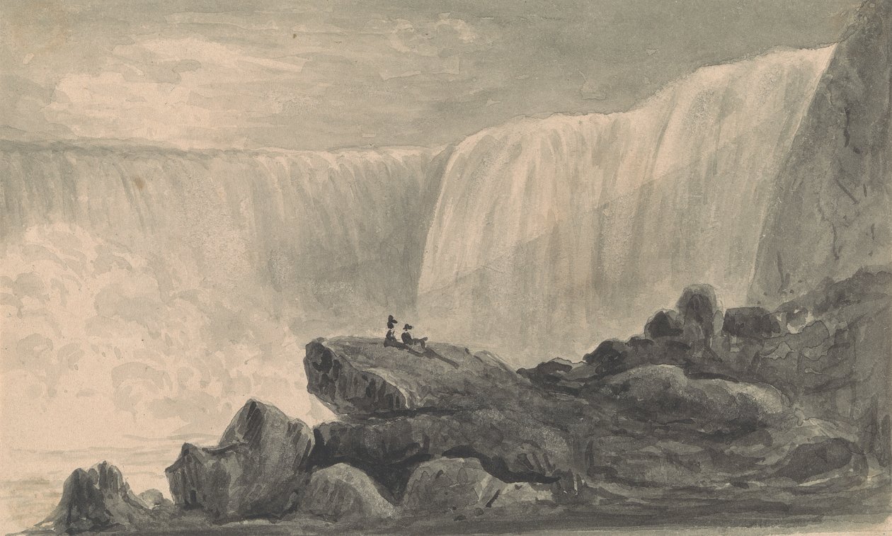 Vy över Niagarafallen med två figurer som sitter på en klippa i förgrunden av Isaac Weld