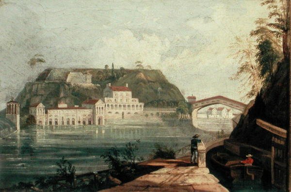 Fairmount Waterworks, efter en gravyr av W. H. Bartlett från ca 1835 (olja på duk) av Isaac Williams