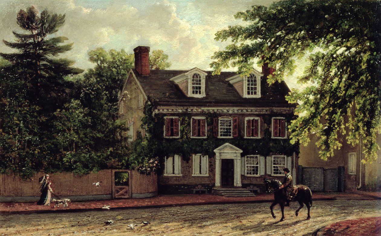 Washingtons residens i Germantown, ca 1880 (olja på frässkiva) av Isaac Williams