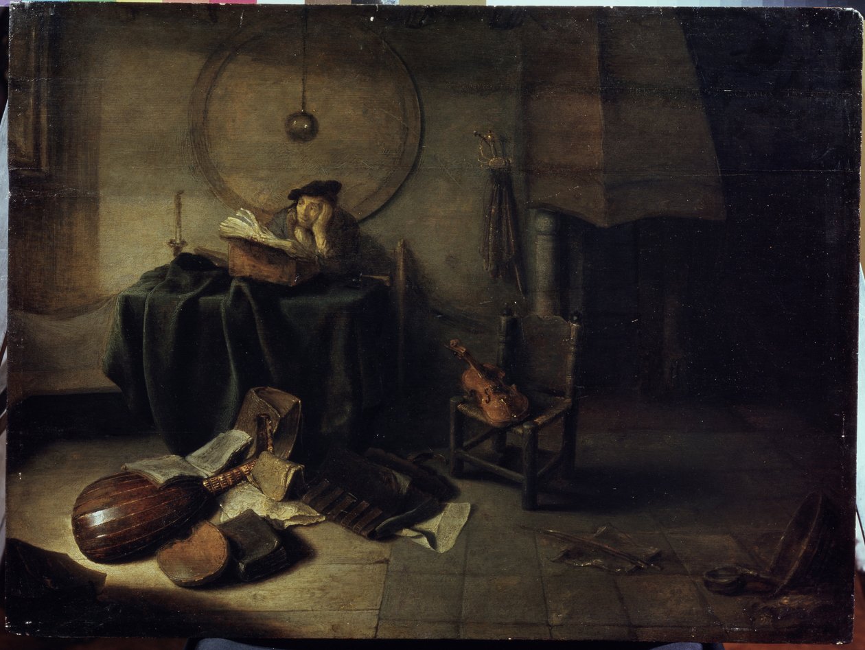 ""Melancholy II"" (Melancholy II (Forskare i sin studio)) En man som studerar musik, eftertänksam uttryck. Målning av Isaac de Jouderville (1613-1648) Serpoukhov, State Museum of History and Art av Isaac de Jouderville
