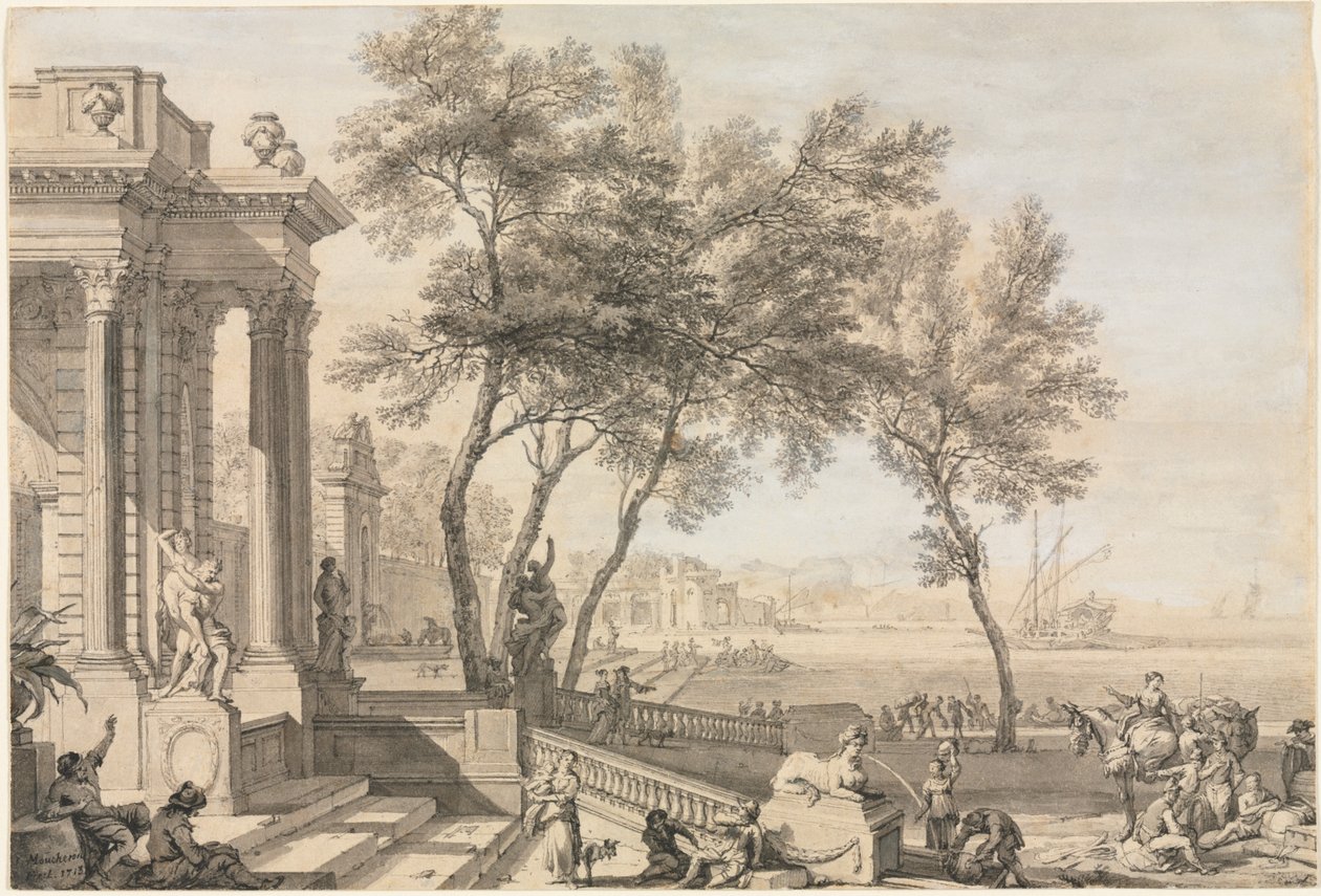 Fantastisk hamnscene med arkitektur och figurer av Isaac de Moucheron