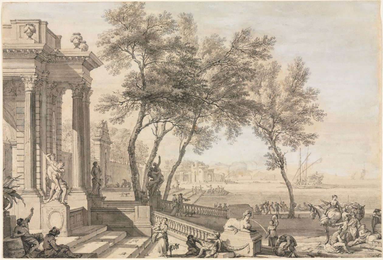Fantastisk hamnscene med arkitektur och figurer, 1713. av Isaac de Moucheron