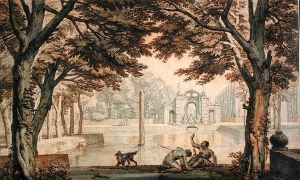 Sjö med en fontän i en trädgård (penna & bläck & tvätt på papper) av Isaac de Moucheron