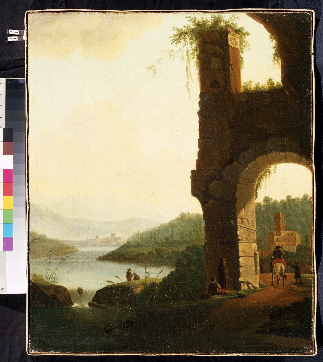 Romantiskt landskap (Ett romantiskt landskap). Målning av Isaac de Moucheron (1667-1744). Holländsk konst, barockstil. Olja på duk. Mikhail Kroshitsky konstmuseum, Sevastopol (Sevastopol) Ukraina av Isaac de Moucheron