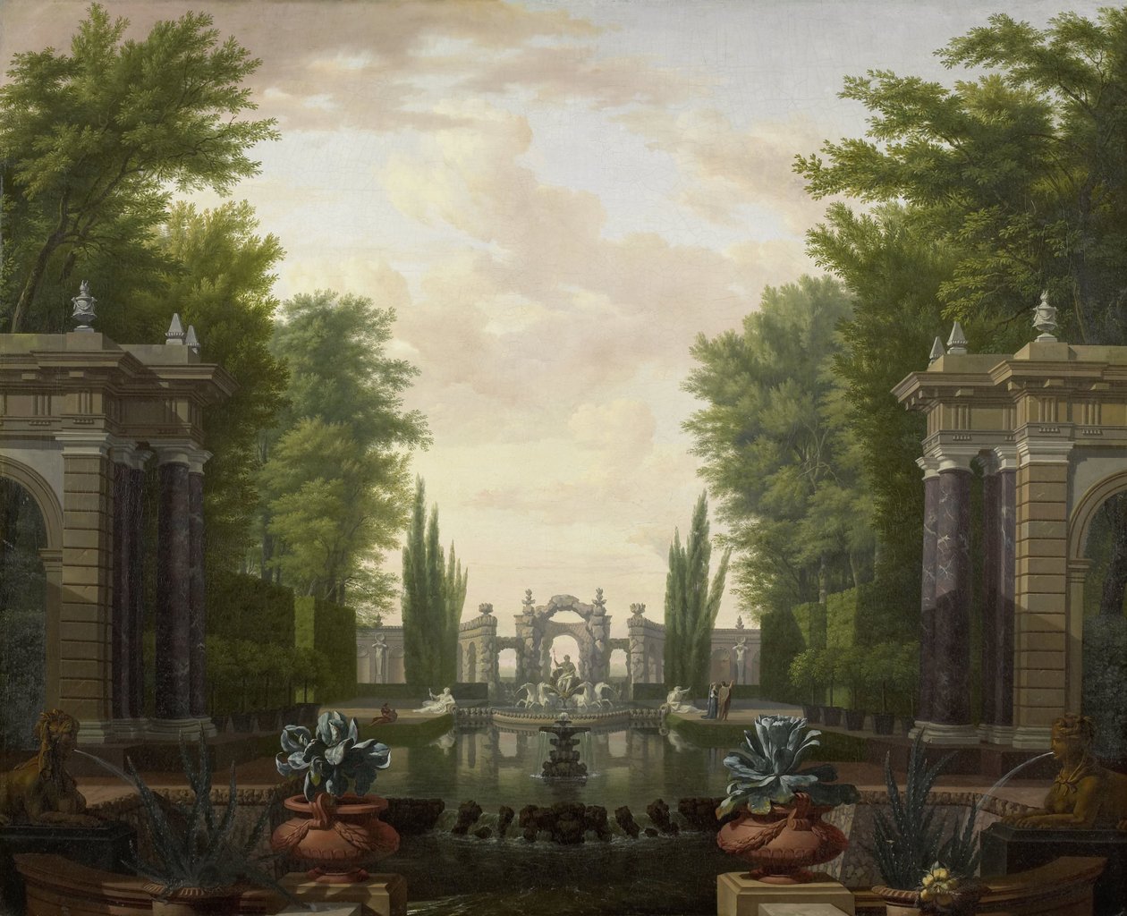 Vattenterrass med statyer och fontäner i en park av Isaac de Moucheron