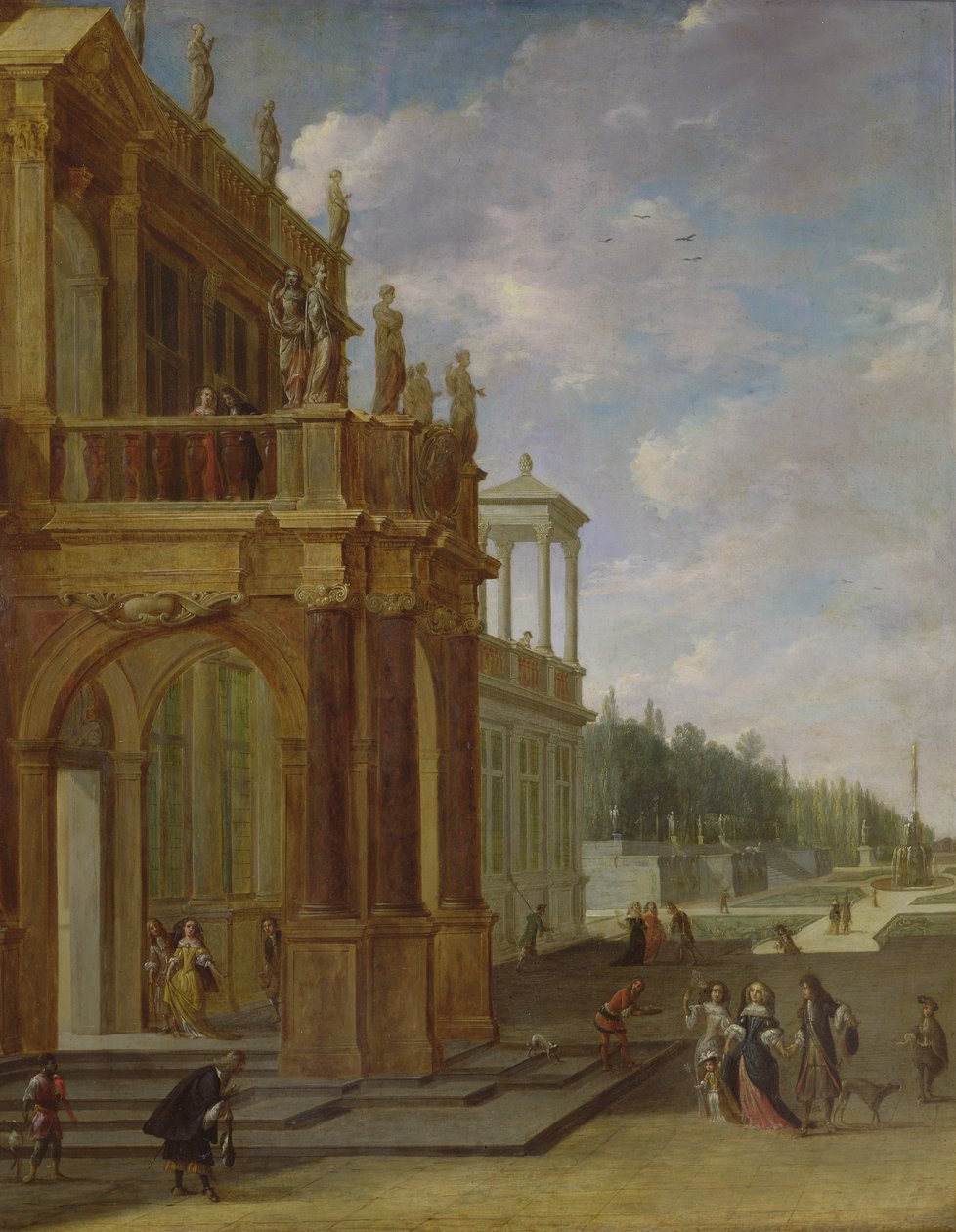 Människor på terrassen i ett palats av Isaac van Nickele