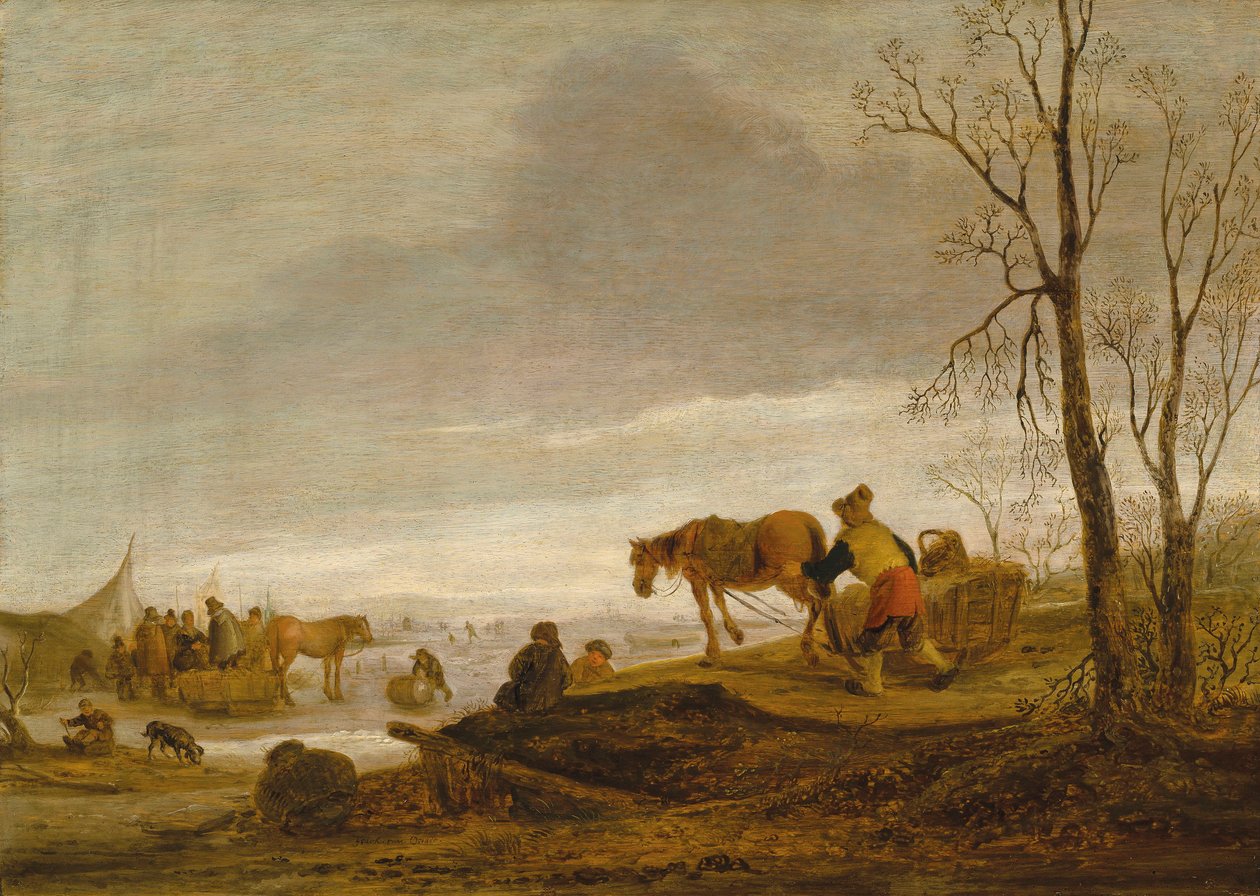 Ett vinterlandskap med figurer på en frusen flod av Isaac van Ostade