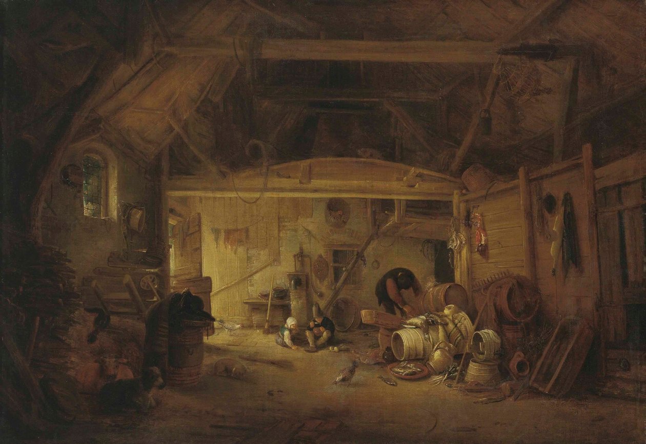 Tyska: Scheuneninterieur En ladugårdsinteriör med två barn som äter och en man som arbetar av Isaac van Ostade