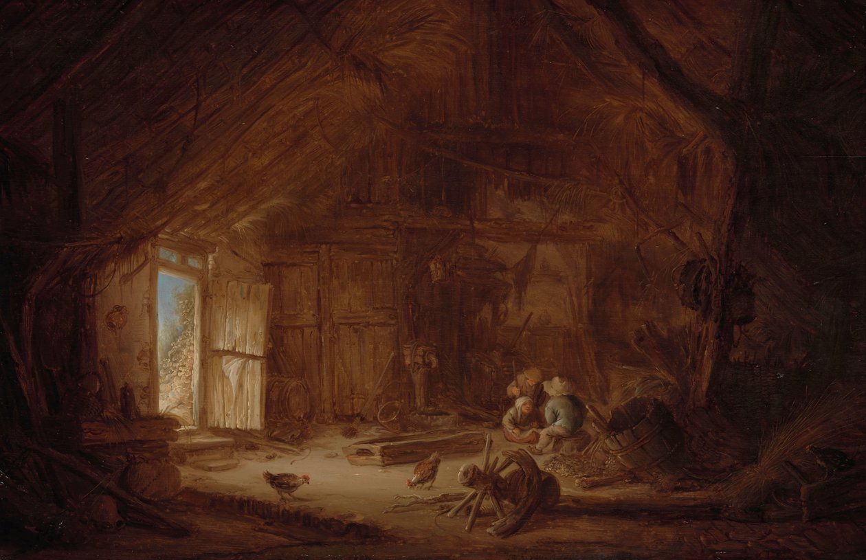 Interiör i ett stall med tre barn av Isaac van Ostade