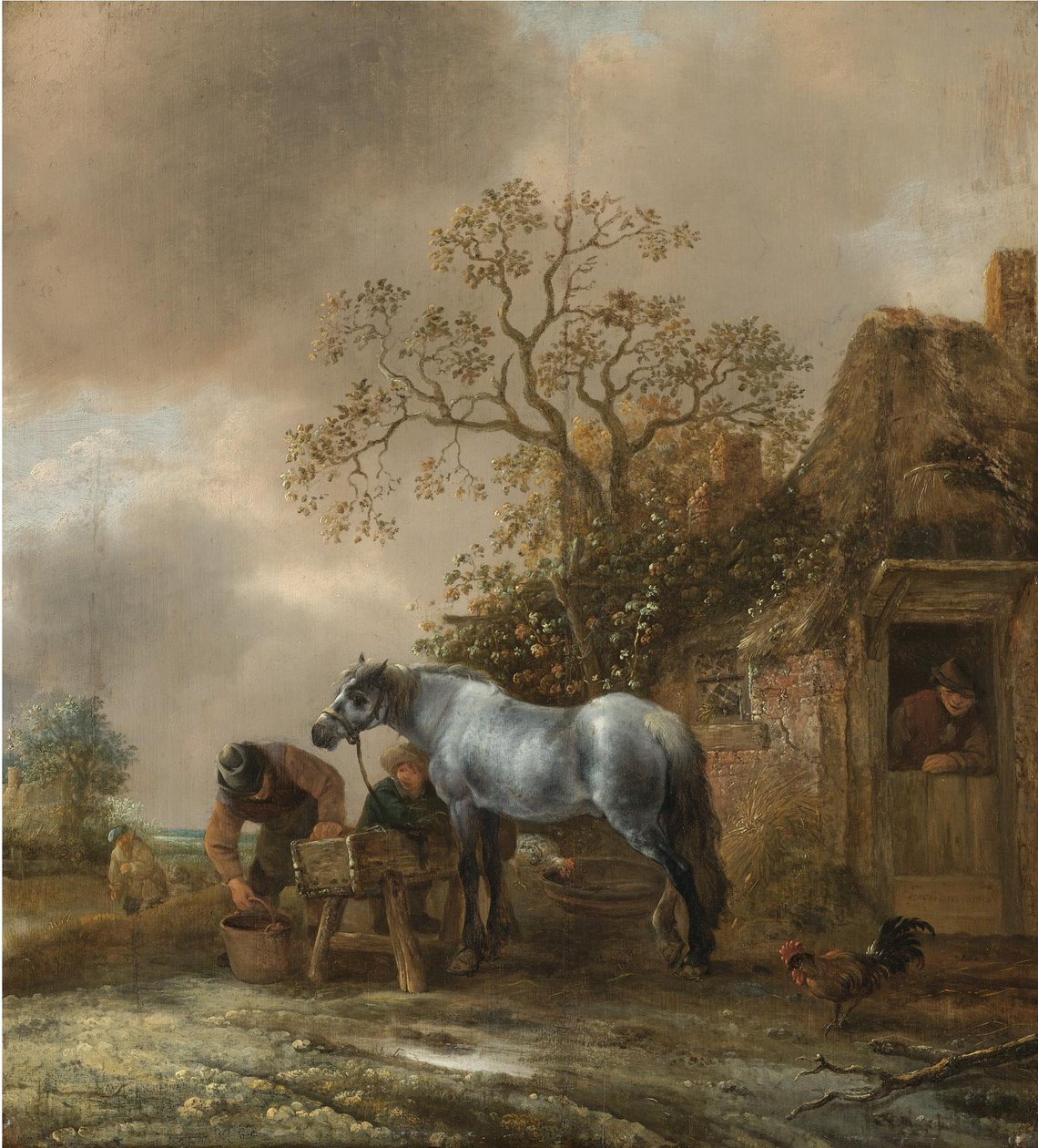 Landskap med bönder som matar en häst framför en stuga av Isaac van Ostade