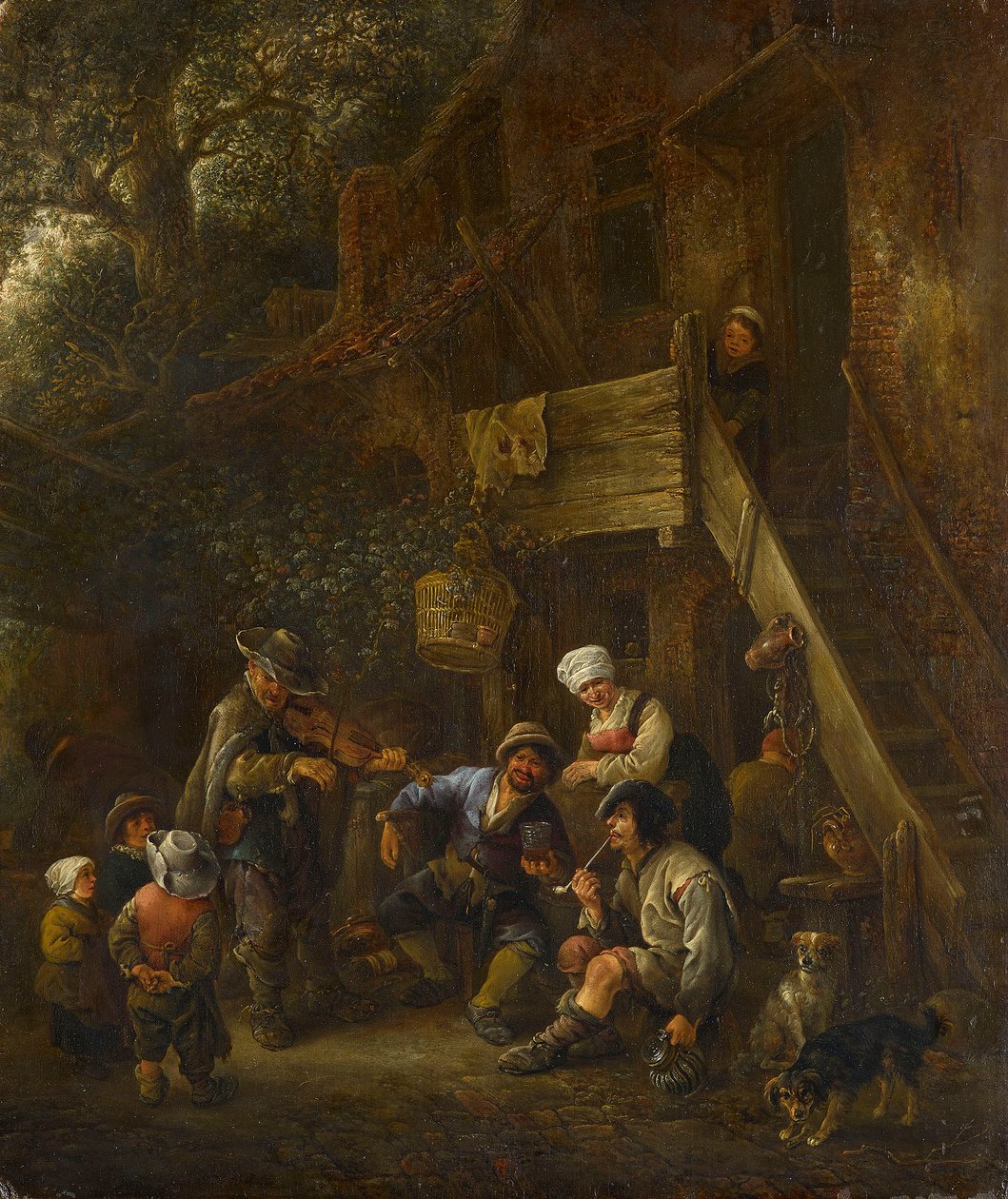 Bönder lyssnar på en blind spelman framför en stuga av Isaac van Ostade