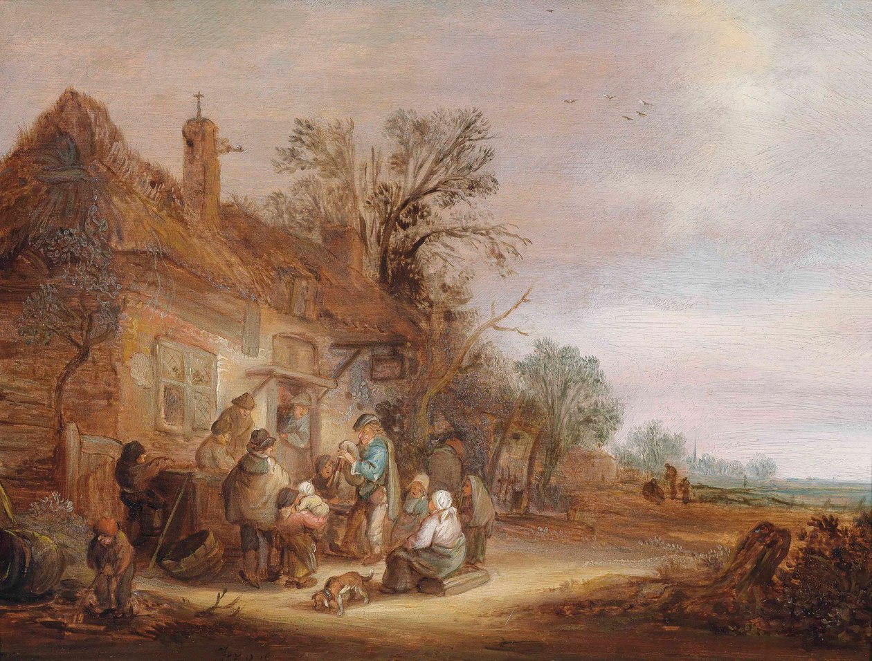 Bönder och musiker utanför en krog av Isaac van Ostade