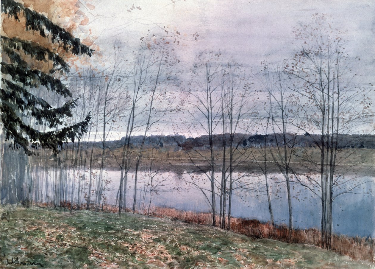 Höst (Höst). Beskrivning av stränderna av ett vattendrag, med kala träd. Verk av Isaac (Isaac) Ilyich Levitan (1860-1900), akvarell på papper av Isaak Ilyich Levitan