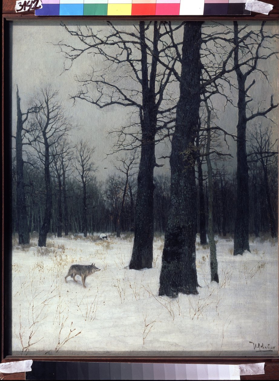 Skog på vintern. Svarta kala träd i snön, med en varg. Målning av Isaak Ilyich Levitan (1860-1900), olja på duk av Isaak Ilyich Levitan