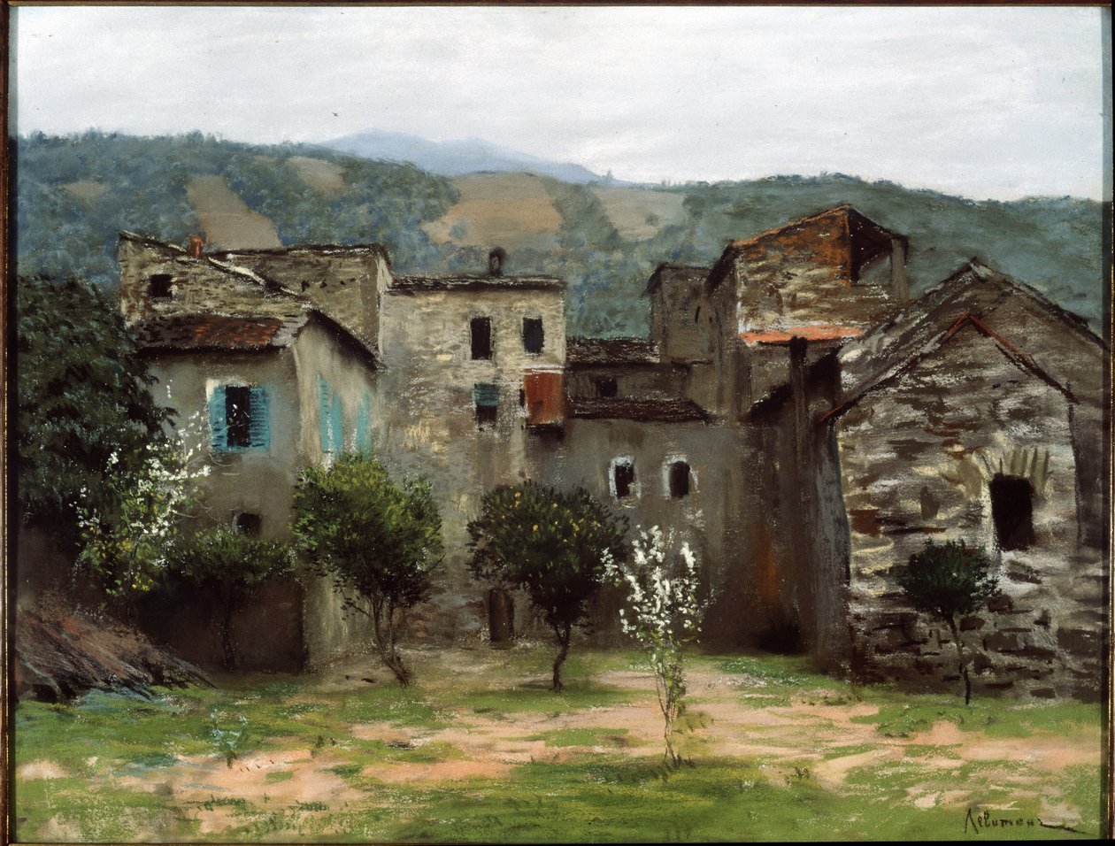 Nära Bordighera, i norra Italien. (Nära Bordighera. I norra Italien). Beskrivning av en grupp byggnader i Ligurien. Verk av Isaak (Isaac) Ilyich Levitan (1860-1900), pastell på papper av Isaak Ilyich Levitan