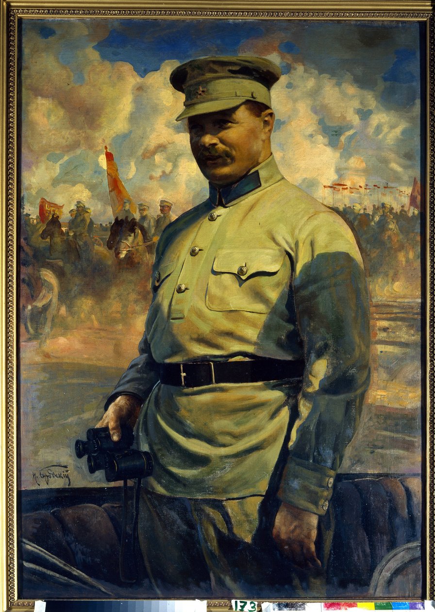 Porträtt av bolsjevikledaren Mikhail Vasilyevich Frunze (1885-1925). (Porträtt av bolsjevikledaren M. V. Frunze). Målning av Isaak Izrailevich Brodsky (Brodsky) (1884-1939), olja på duk av Isaak Israilevich Brodsky
