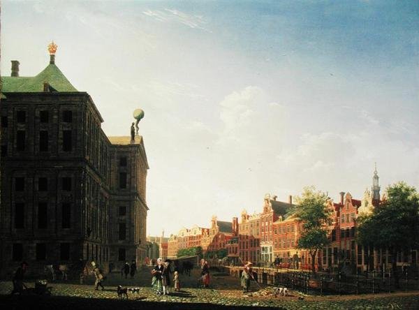 En vy längs Nieuwezijds Voorburgwal i Amsterdam som visar baksidan av det kungliga palatset, 1782 av Isaac Ouwater