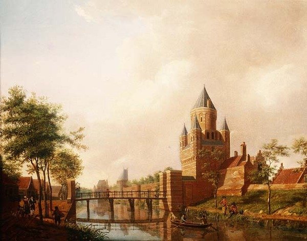 En vy av Kleine Houtpoort (Small Gateway) i Haarlem med Grote Houtpoort (Great Gateway) i bakgrunden av Isaac Ouwater