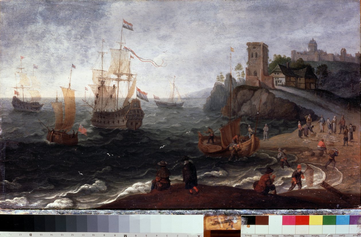Fiskmarknad på stranden (fiskmarknad vid havet). Målning av Isaac Willaerts (1620-1693). Olja på trä, 35,5 x 67 cm, ca 1640. Holländsk konst från 1600-talet. Statens museum för historia och konst, Serpukhov (Ryssland). av Isaak Willaerts