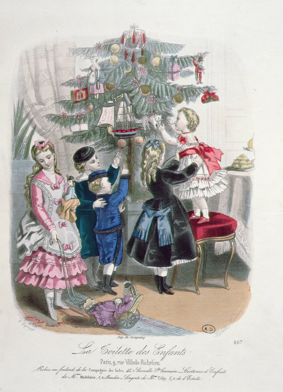 Dekorera julgranen, reklam för La Toilette des Enfants, graverad av P. Derfermeville, 1872 av Isabelle Codouze