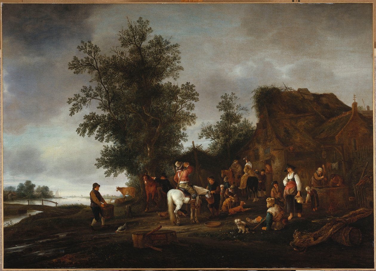 Resenärer förfriskar sig på en taverna vid floden, 1664 av Isack van Ostade