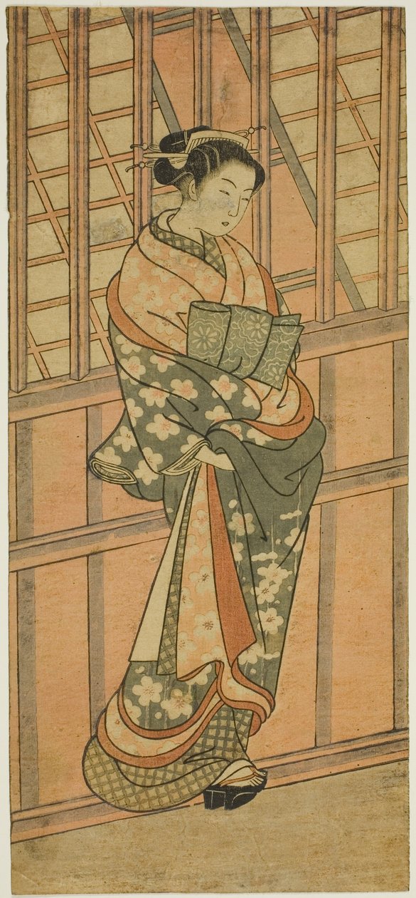 Courtesan som står framför ett gallerfönster av Ishikawa Toyonobu