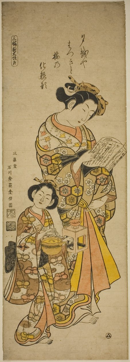 Kurtisan från Osaka och hennes skötare, vänster sida av en triptyk av skönheter i de tre huvudstäderna (Sanpukutsui Osaka hidari) av Ishikawa Toyonobu