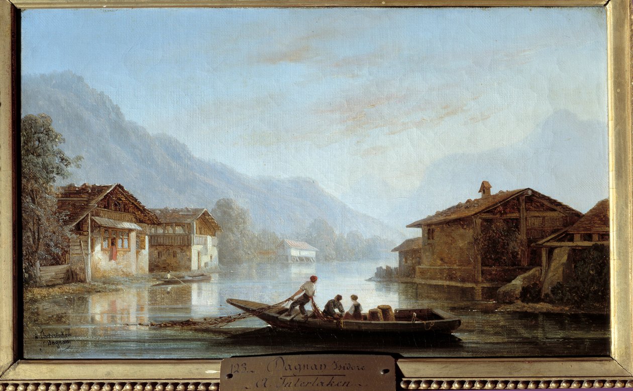 Schweiziska fiskare i Interlaken. Målning av Isidore Dagnan (1794 - 1873) av Isidore Dagnan