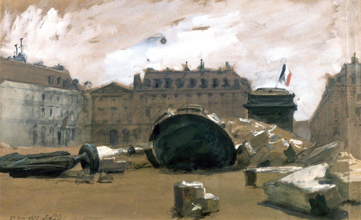 Pariskommunen: den omkullvälta Vendome-kolonnen av Isidore Pils