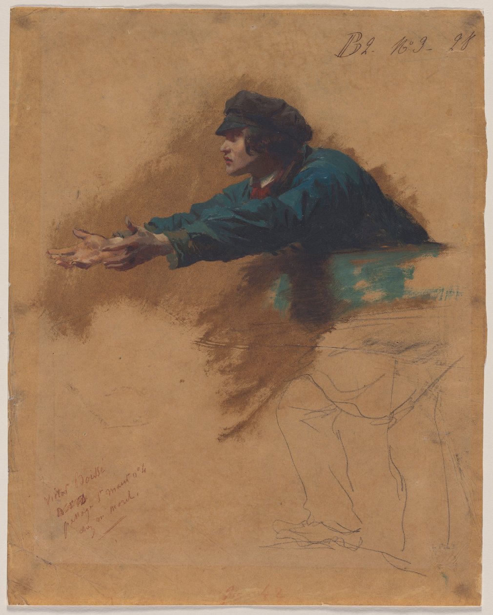 Ung man som lutar sig framåt med utsträckta armar (studie till soldater som delar ut bröd till fattiga), ca 1851 (olja, brun oljetvätt eller bläcktvätt och svart krita) av Isidore Pils