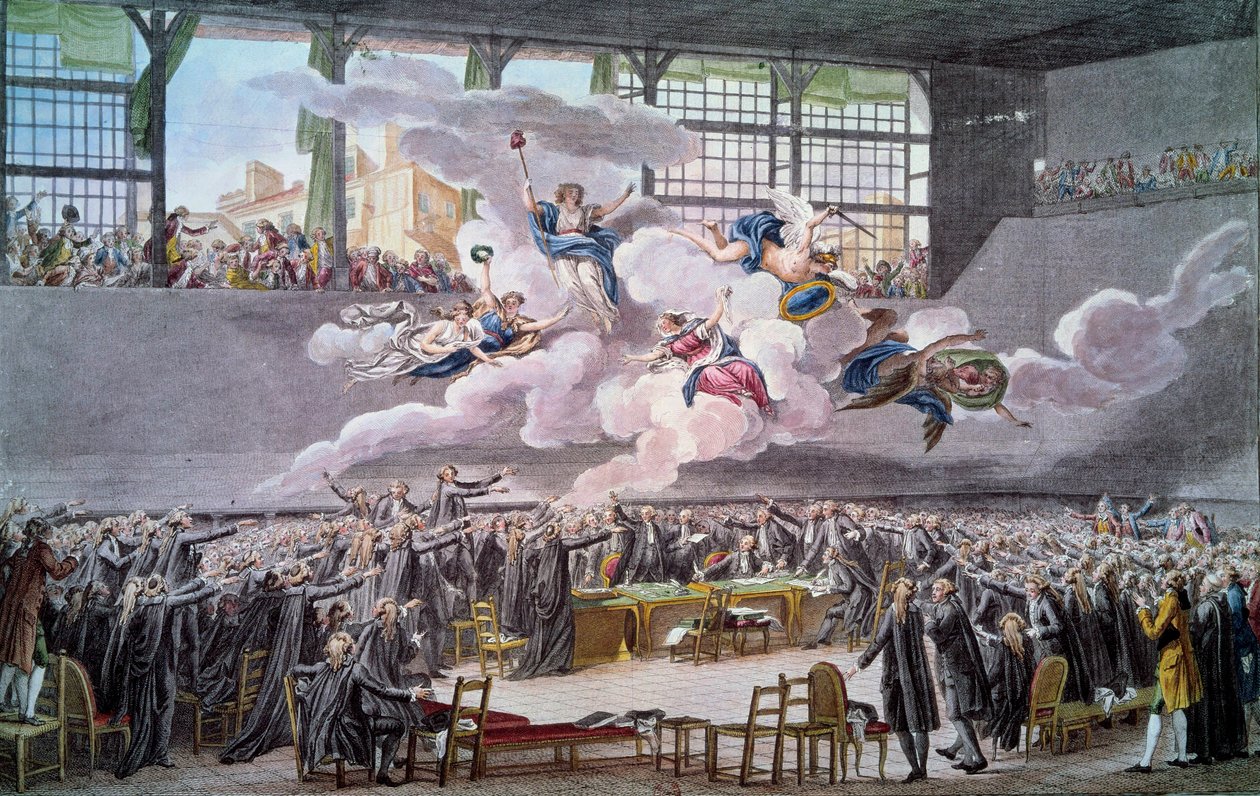 Franska revolutionen: "" Le ed du jeu de Paume le 20 juin 1789"" Deputerade svär att inte separera sig förrän en konstitution har rättats. Gravyr av Isidore Helman (1743-1809) 1789 Paris, B.N. av Isidore Stanislas Helman