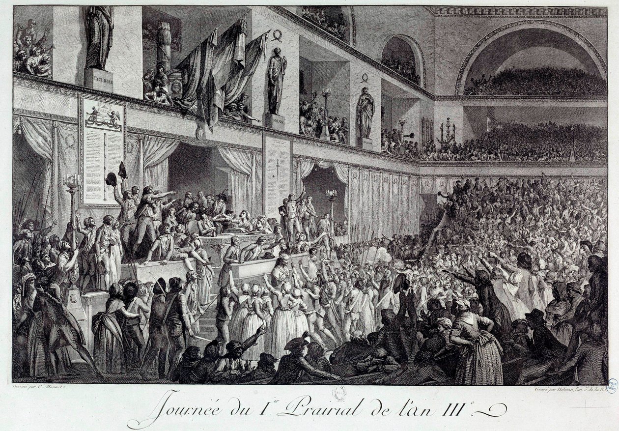 Franska revolutionen: dagen för folkets uppror mot hunger i I Prairial of Year III (20/05/1795): befolkningen invaderade konventet och massakrerade den deputerade Jean Bertrand Feraud (1759-1795), som var ansvarig för försörjningen av Paris, som op av Isidore Stanislas Helman